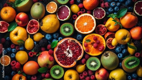 Tropical Fruits Assortment  top view. Created with Generative AI technology.