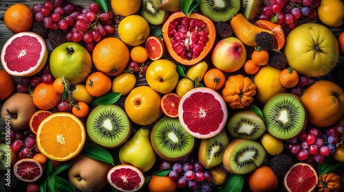 Tropical Fruits Assortment, top view. Created with Generative AI technology. © Artem Yasynskyi