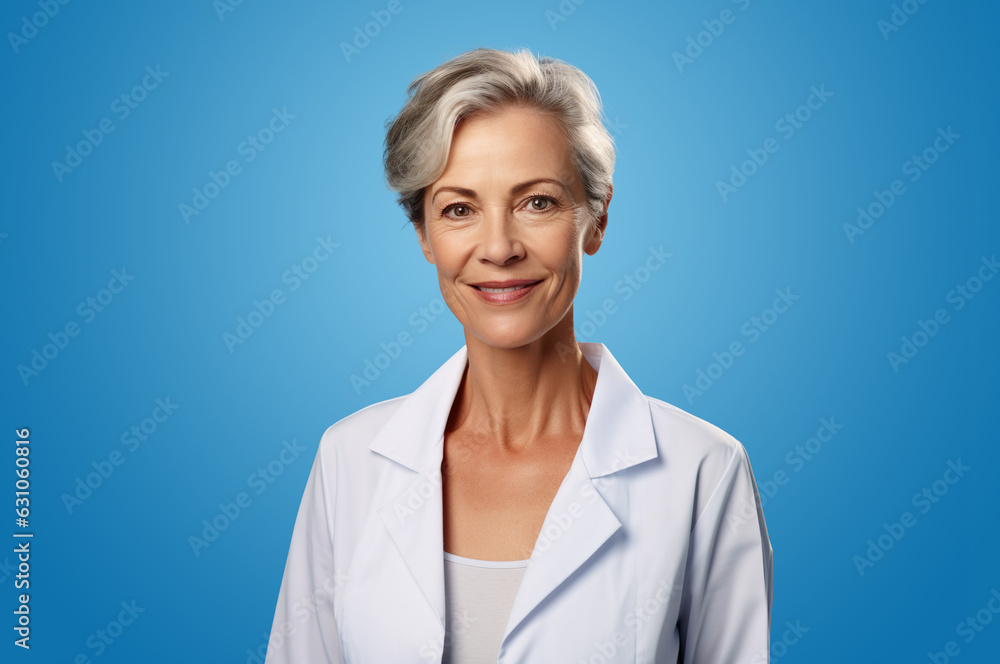 Ai generated image of mature senior doctor on blue background Ai generated image of mature senior doctor on blue background
