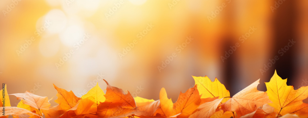 Beautiful autumn landscape with yellow leaves and sun. Colorful foliage in the park. Falling leaves natural background. Generative AI. Beautiful autumn landscape with yellow leaves and sun. Colorful foliage in the park. Falling leaves natural background. Generative AI.