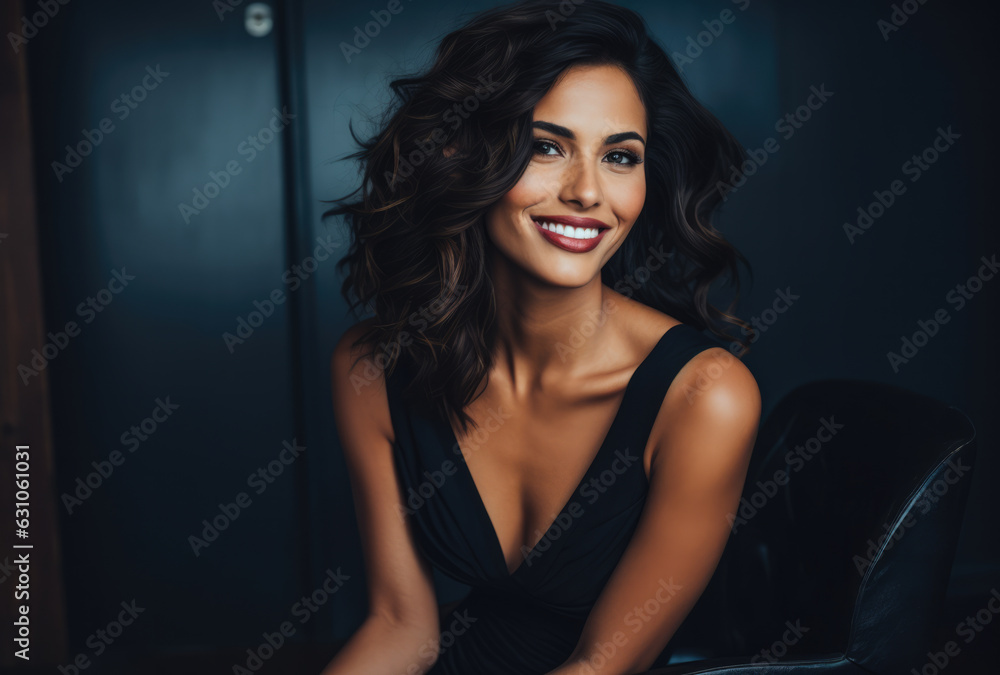 Close up portrait of a beautiful woman with a black dress sitting on a chair. Generative AI. Close up portrait of a beautiful woman with a black dress sitting on a chair. Generative AI.
