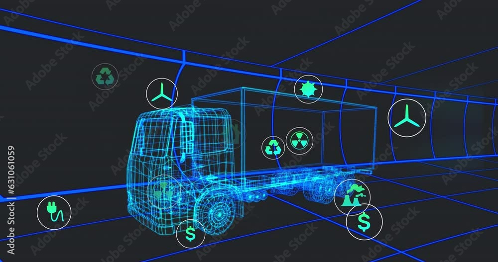 Animation of multiple digital icons over 3d truck model moving in seamless pattern in a tunnel Animation of multiple digital icons over 3d truck model moving in seamless pattern in a tunnel