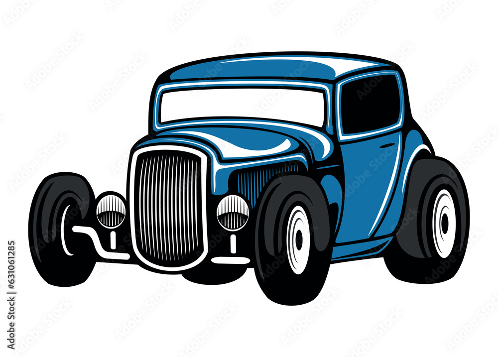 Vintage, retro, classic style realistic blue color car illustration, vintage hot rod, isolated on white background.