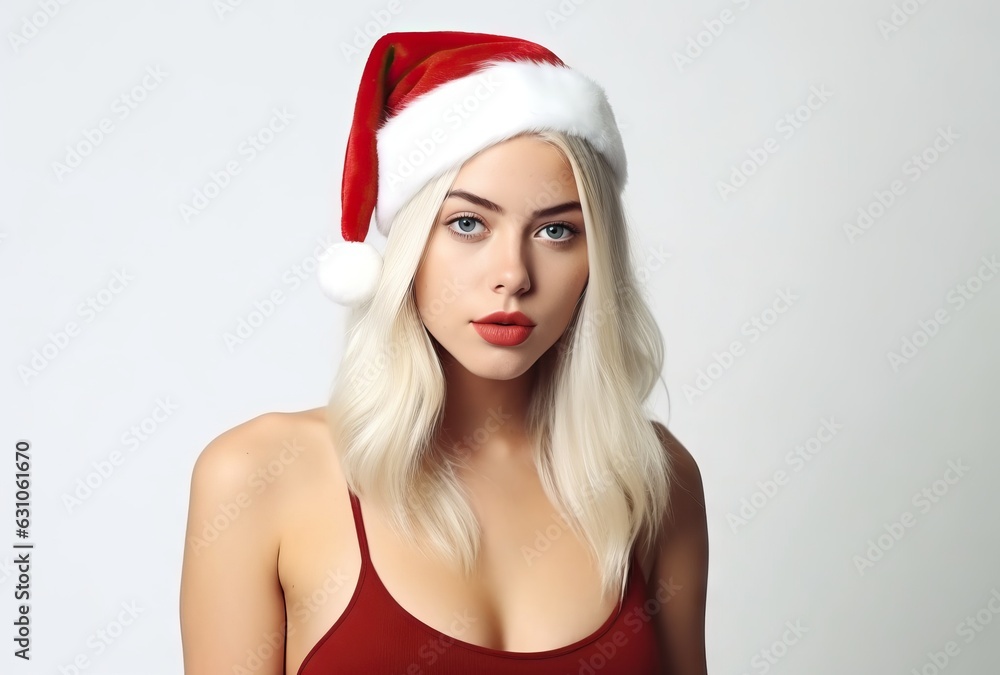 Portrait of beautiful young woman in red santa claus hat Portrait of beautiful young woman in red santa claus hat