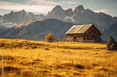 Autumn landscape with wooden house