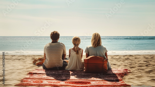 happy family sitting on beach and looking at sea in summer