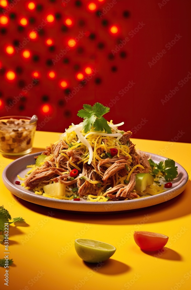 Traditional mexican salad with chicken and vegetables on yellow background. Traditional mexican salad with chicken and vegetables on yellow background.