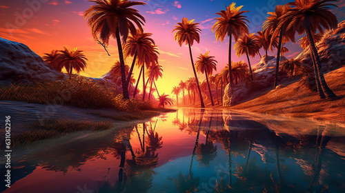 Palm trees reflected in the water at sunset.