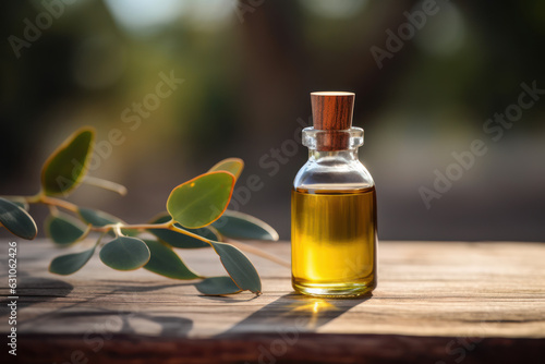 Eucalyptus Essential Oil in a small transparent glass bottle next to Eucalyptus Leaves on wooden surface with outdoor background.