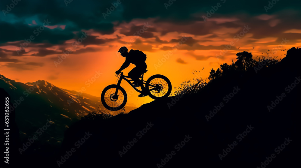 Obraz premium Silhouette of a mountain biker on a sunset background.