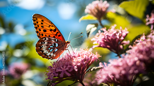 Colorful Butterfly Delicately Perched on Blooming Flower  Lush Field of Spring Blossoms. Generative Ai. 