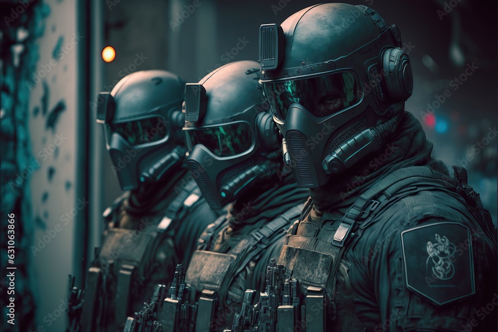 Futuristic swat soldier squad with mask in a cyberpunk city Futuristic swat soldier squad with mask in a cyberpunk city