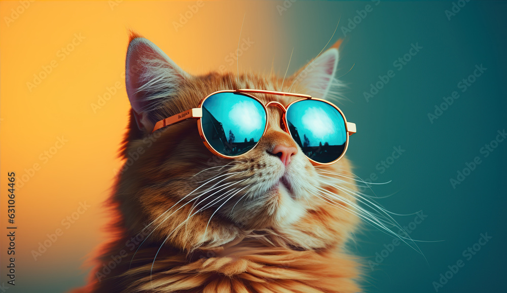 Red cat in sunglasses on a blue background. Created with Generative AI Red cat in sunglasses on a blue background. Created with Generative AI