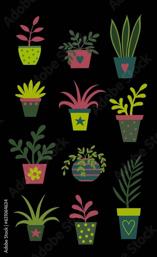 Selection of indoor houseplants in decorative pots on a black background, created with a simple green and pink colour palette
