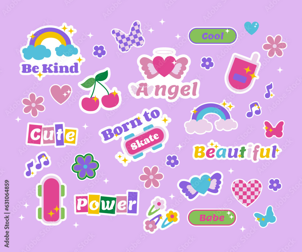 Collection of trendy stickers in 90s, 2000s style. Y2k butterfly, girls design elements, flowers, hearts, motivation illustration. Vector
