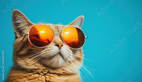 Red cat in sunglasses on a blue background. Created with Generative AI © Yevhen