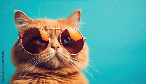 Red cat in sunglasses on a blue background. Created with Generative AI © Yevhen