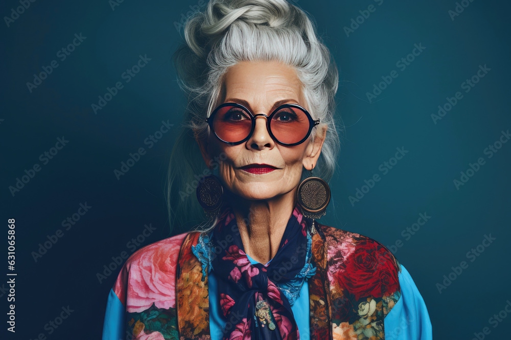 60 year old fashionable hipster lady portrait on blue background 60 year old fashionable hipster lady portrait on blue background