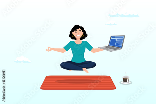 Genius businesswoman sitting meditate working with computer laptop floating in the air, business guru or expertise, professional advisor or consultant, smart thinking to solve problem concept (Vector)