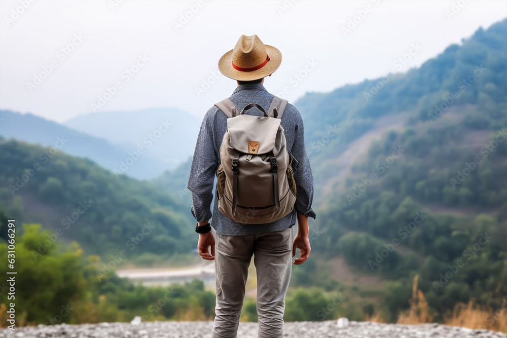 Back view of young man with backpack and hat standing on top of the mountain Back view of young man with backpack and hat standing on top of the mountain