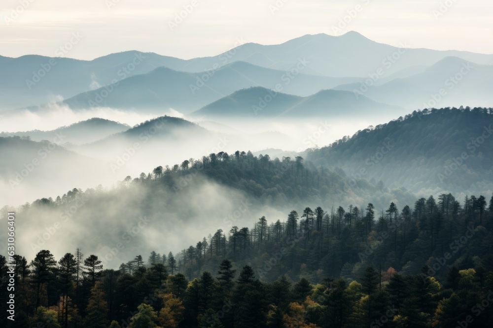 Smoky cloudy mountains nature trees. Generate AI
