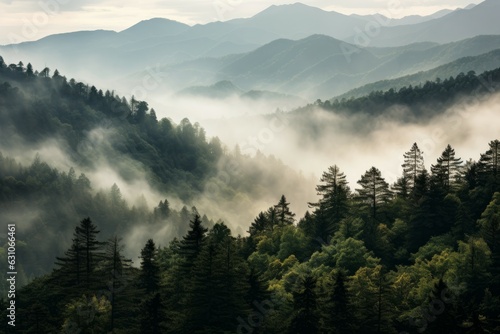 Fotobehang Smoky cloudy mountains trees earth. Generate AI