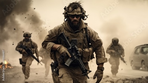 Military person with a gun on a battlefield in a ruined city, War Concept.