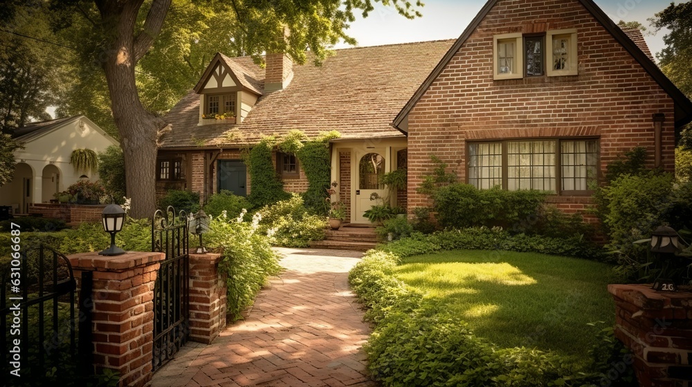 Boho and cozy cottage family house exterior with terracotta brick walls and cute front yard - obrazy, fototapety, plakaty 