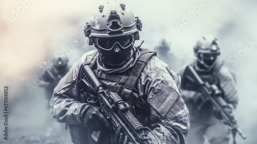 Group of soldiers on a background of smoke on war area  Concept of military operations  Special operations.