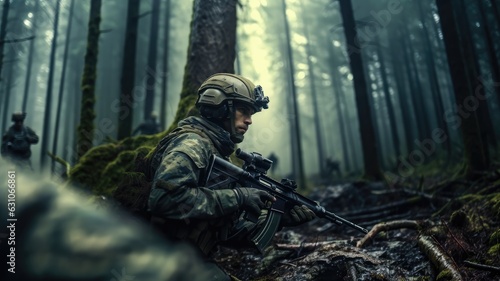 A soldier with a gun, Soldier during the military operation.