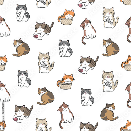 Seamless Pattern of Cute Cartoon Cat Illustration Design on White Background