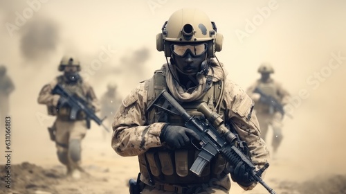 Group of soldiers on a background of smoke on war area  Concept of military operations  Special operations.