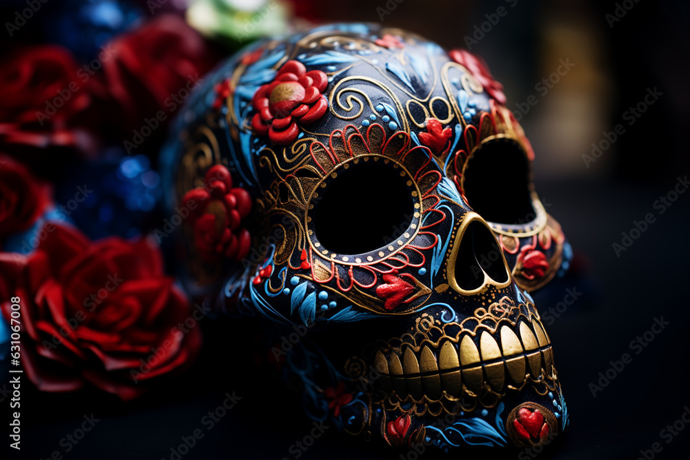 closeup decorated scull for the Day of the Dead Generative AI
