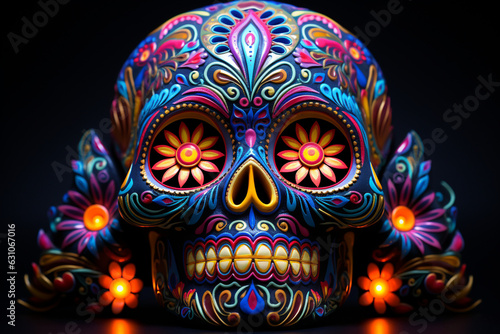 neon decorated scull for the Day of the Dead Generative AI