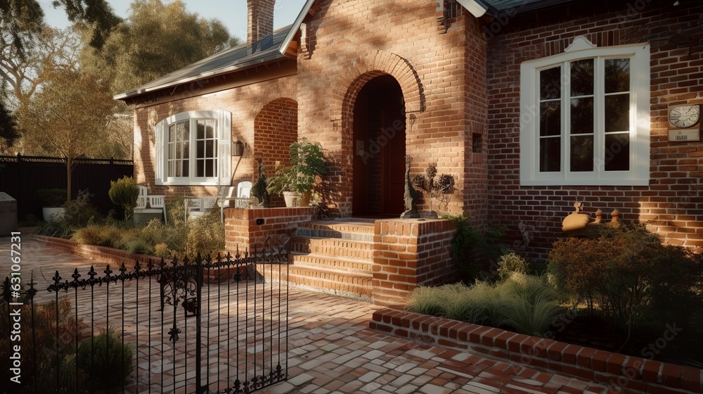 English-style cottage house exterior with terracotta brick walls 
