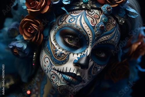 stunning and elaborate calavera (sugar skull) makeup, a symbol of the Day of the Dead festivities Generative AI