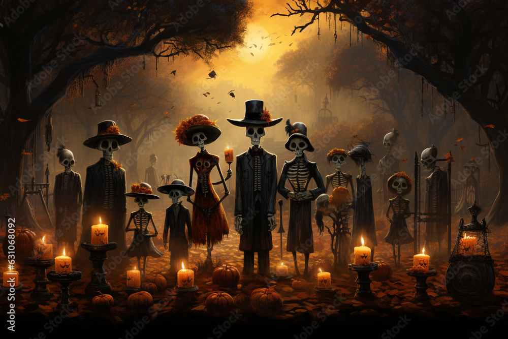 families gathering together to remember and celebrate their ancestors during the Day of the Dead Generative AI - obrazy, fototapety, plakaty 