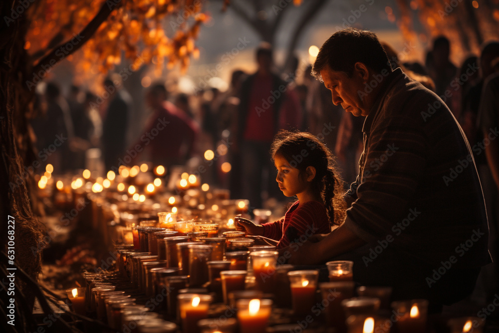 a candlelit graveyard filled with families gathering to pay respects to their ancestors on the Day of the Dead Generative AI a candlelit graveyard filled with families gathering to pay respects to their ancestors on the Day of the Dead Generative AI