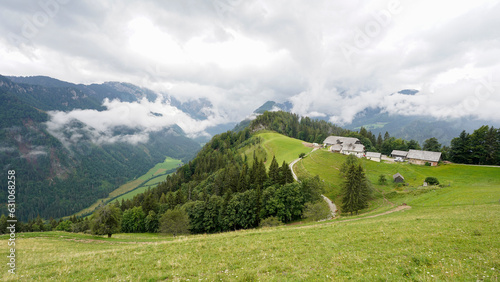 Solčava Panoramic Road travel on a foggy day in the mountains of Slovenia.