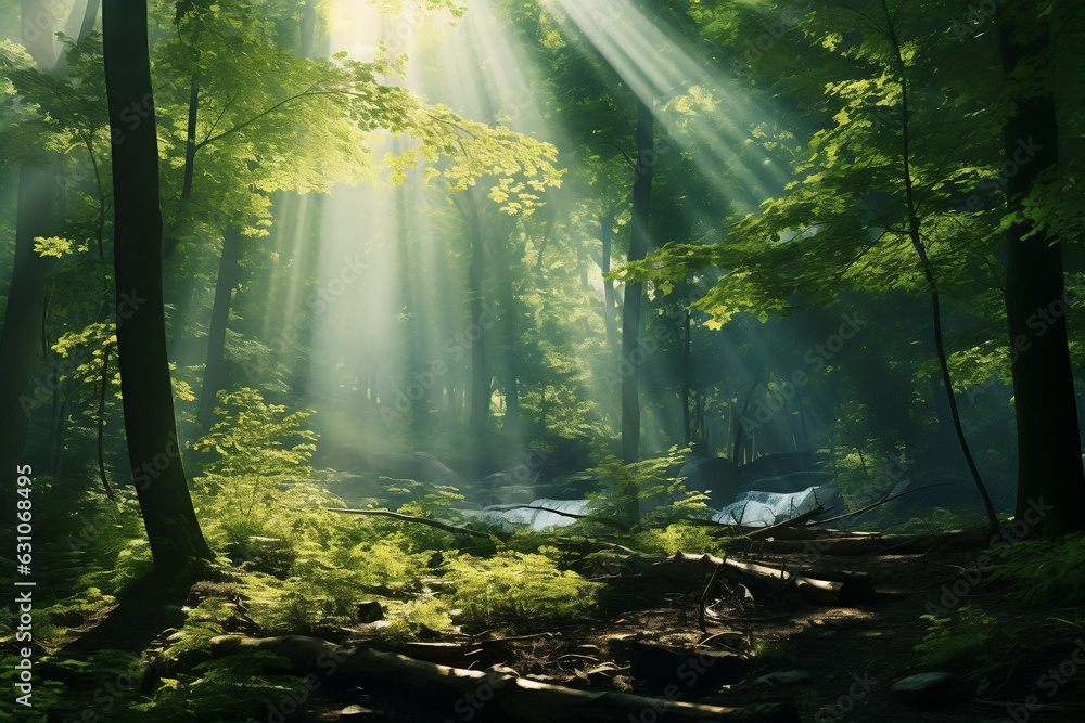Rays of sunlight piercing through dense forest foliage, a mystical woodland scene.