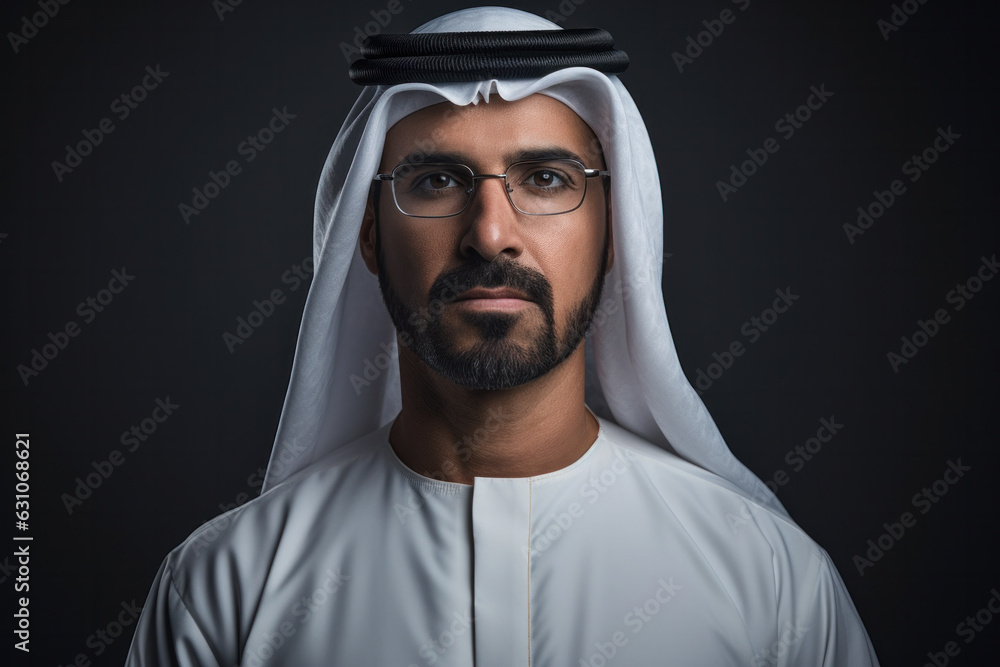Arabic handsome man studio portraits. Emirates citizen in national dress Arabic handsome man studio portraits. Emirates citizen in national dress
