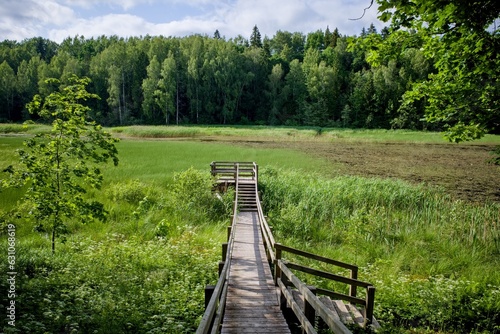 Wooden observation deck on the river. Selective focus. © Igor