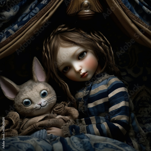 Doll character laying in a blue blanket with a stuffed animal. Created using ai generated.  photo