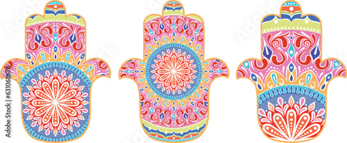 drawing of a colorful Hand of Fatima Hamsa with round ethnic pattern on a white background. Hand drawn tribal vector stock illustration