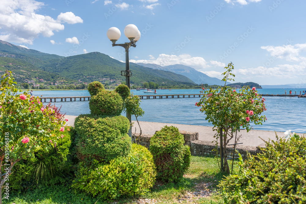 Flowers and bushes with a lake and mountains in the background in Lake Ohrid Macedonia