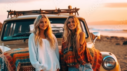 summer vacation, holidays, travel, road trip and people concept - happy teenage girls or young women in car at seaside