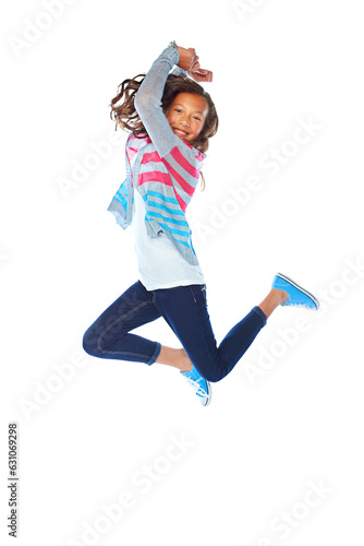 Portrait, smile and girl child jump isolated on a transparent png background. Happy, energy and kid leap for celebration of success, dance for winner and freedom for youth, excited and play in air