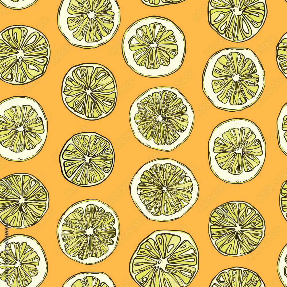 Seamless pattern with hand-drawn linear art cut lemons on orange background