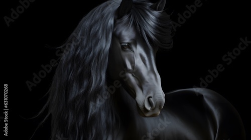 portrait of a black horse with a silver reflection
