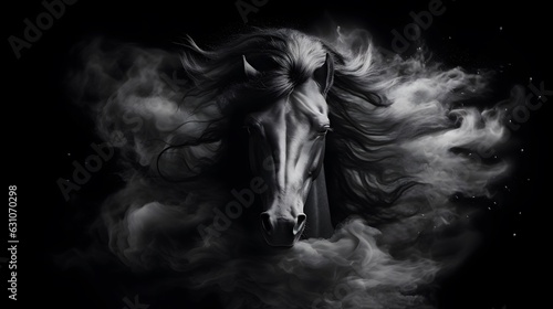 portrait of a horse with an amazing flowing mane on the black background 